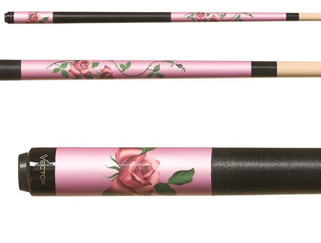 Three decorative pool cues with pink rose design and black wrapping on handles