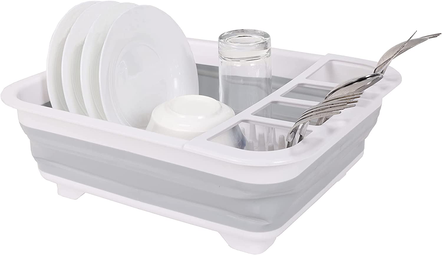 White collapsible dish rack with plates, silverware, and drinking glass organized in compartments