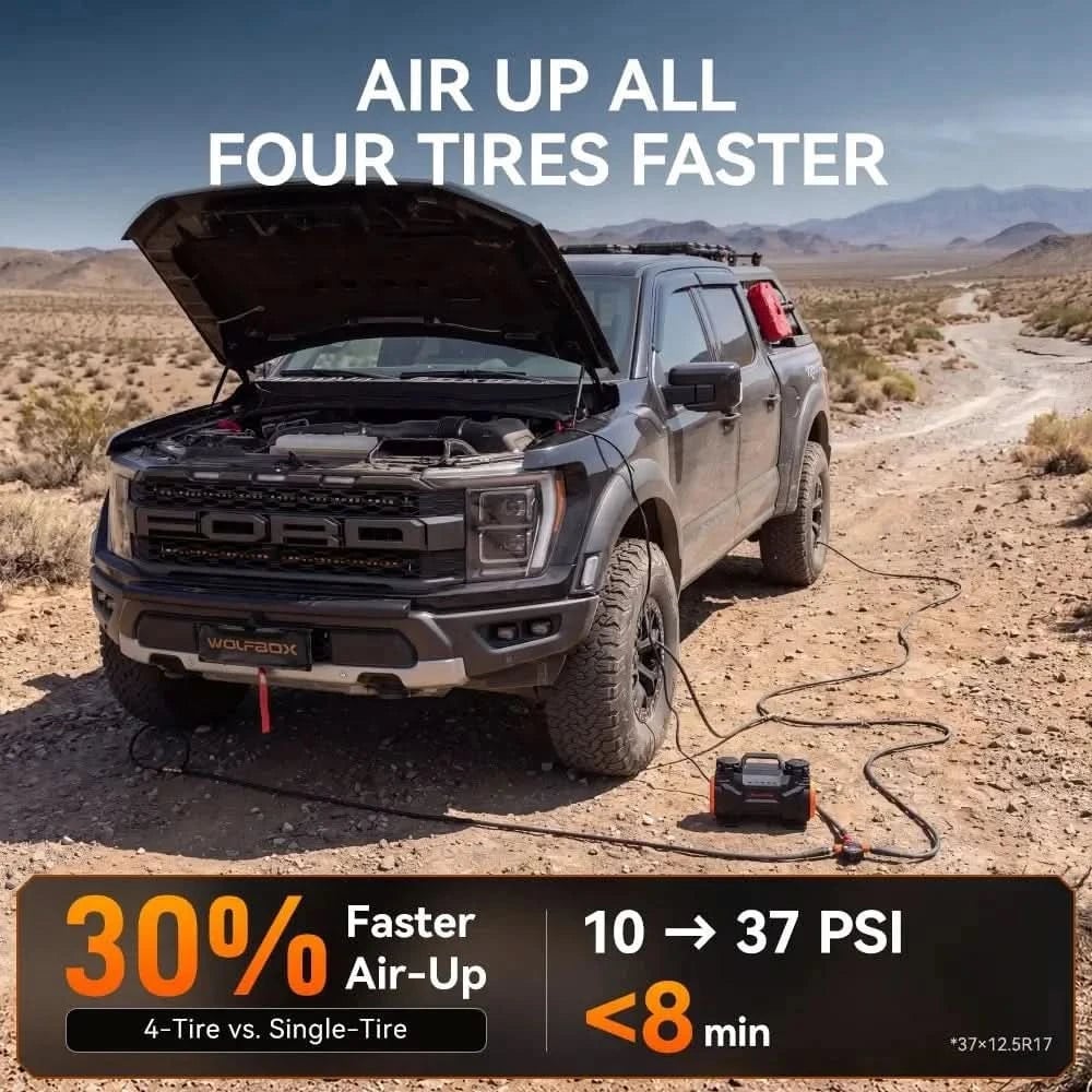 Ford F-150 in desert landscape with portable compressor connected, hood open, showing tire inflation speed comparison