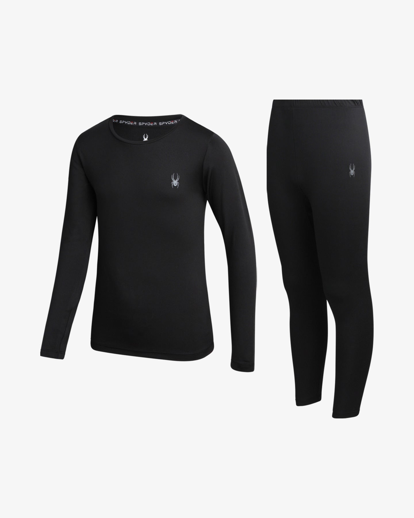Black long-sleeve shirt and black leggings with small spider logo