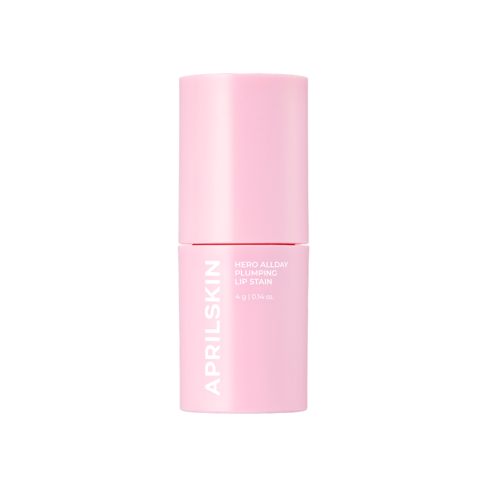 Pink cylindrical lip stain container labeled Hero Allday Plumping