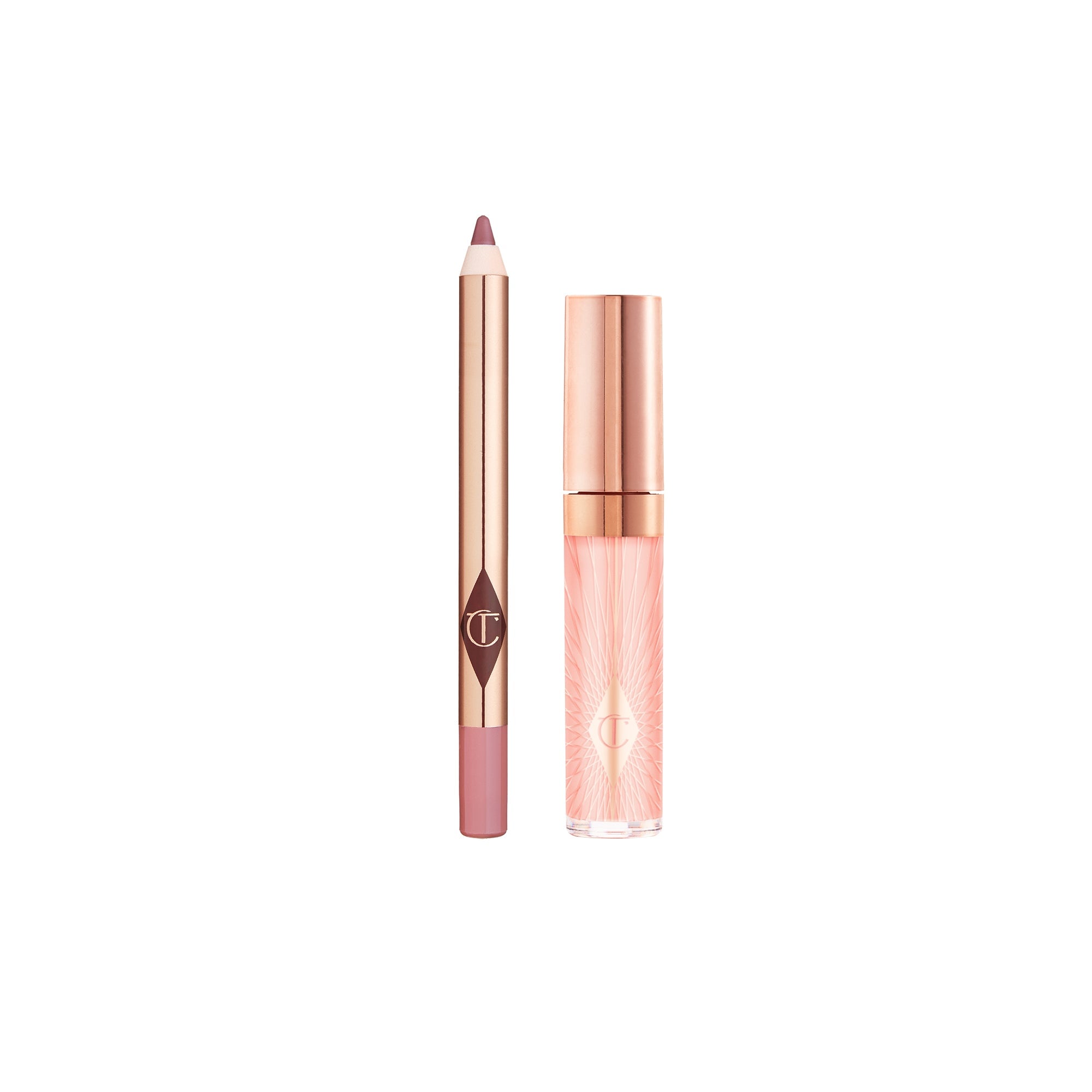Rose gold lip pencil and matching liquid lip gloss with CC logo