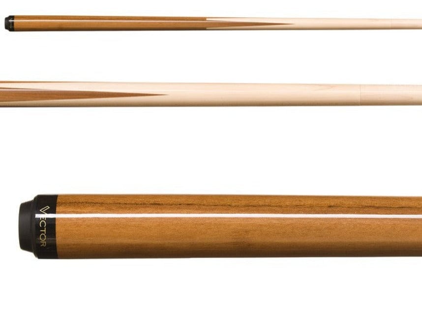 Three wooden pool cues with natural finish and black ferrules, shown horizontally