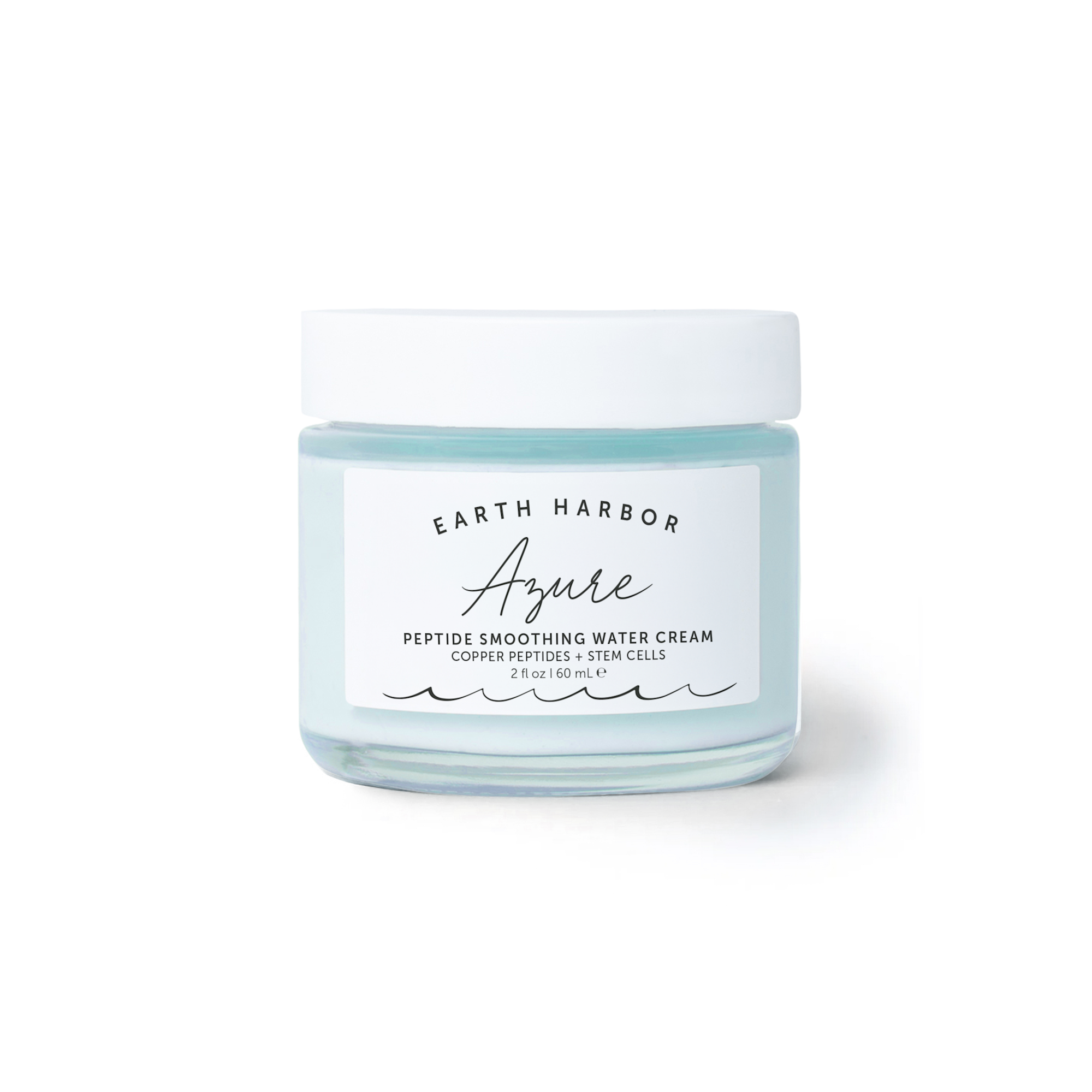 Light blue jar with white lid containing peptide smoothing water cream