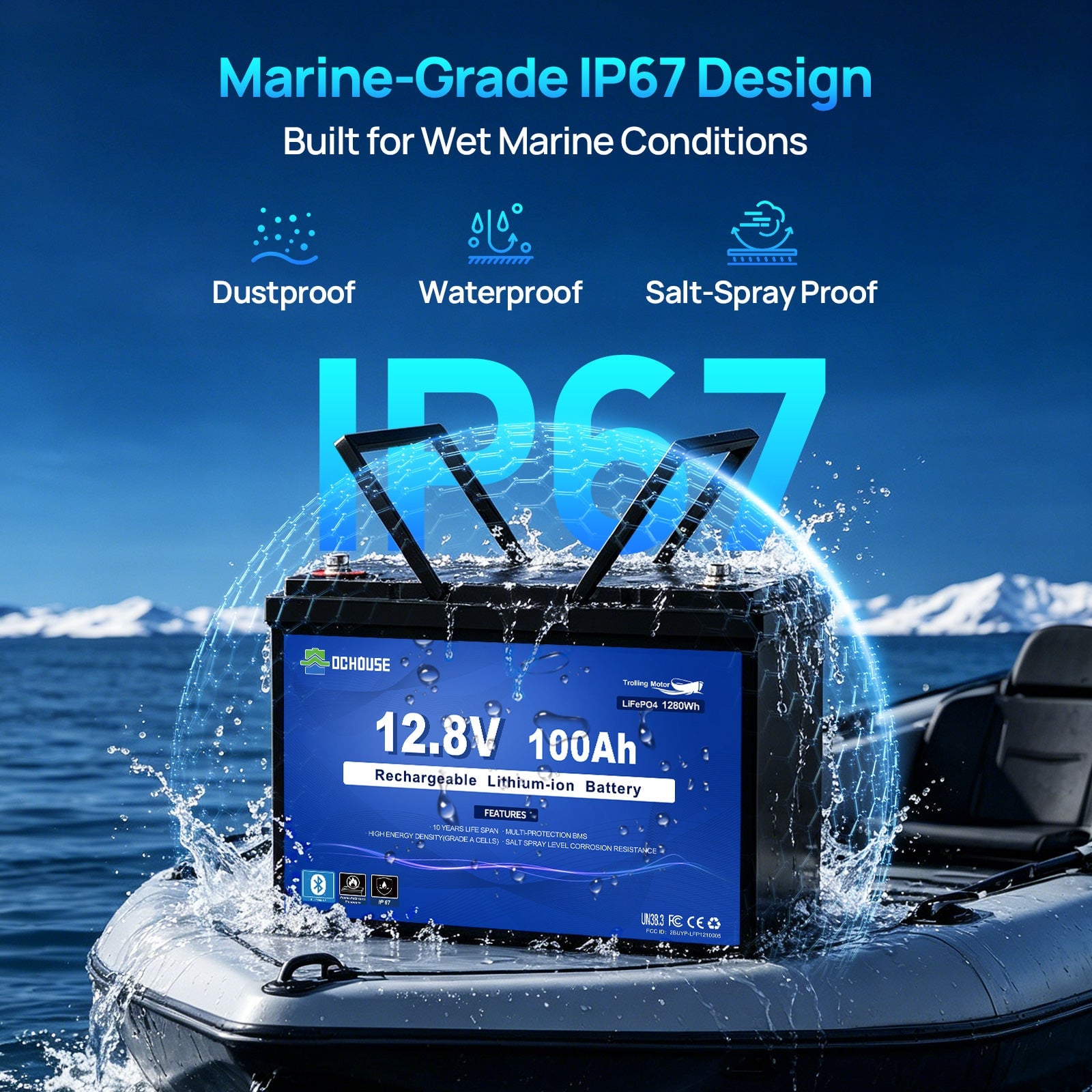 Marine-grade lithium battery submerged in water demonstrating IP67 waterproof, dustproof, and salt-spray resistant design