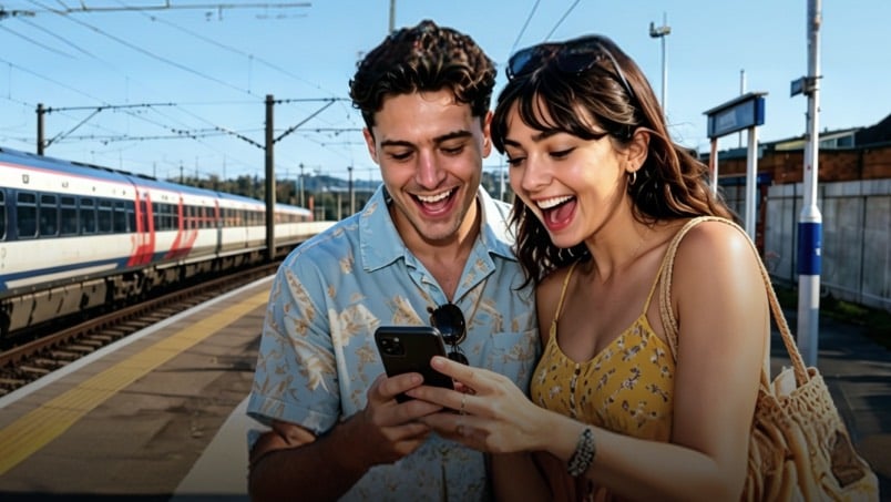 Young couple smiling while looking at smartphone at a train station with a red and white train visible behind them