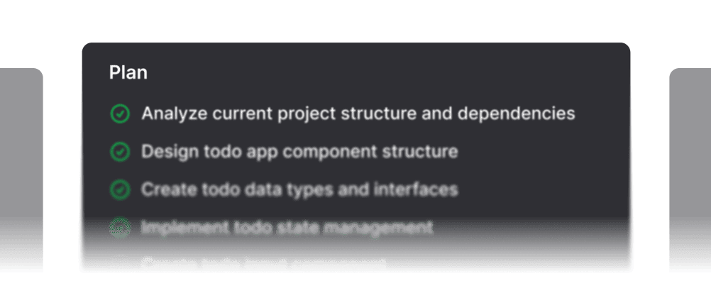 Panel de planificación con lista de tareas para desarrollo de aplicaciones: análisis de estructura, diseño de componentes, creación de tipos de datos e implementación de gestión de estado